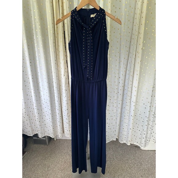 Michael Kors Navy Embellished Studded Trim Front Tie Neck Classy Jumpsuit XS 2 - Picture 5 of 10